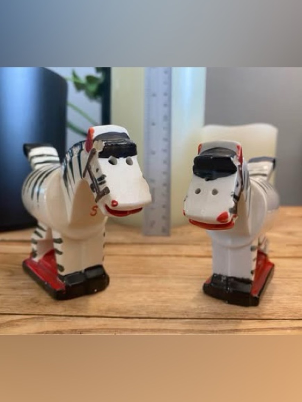 Vintage Japan Ceramic Rocking Zebra Salt & Pepper Shakers Set Modernist MCM